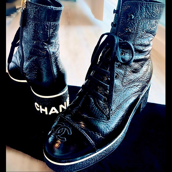 CHANEL Shoes - AUTHENTIC! CHANEL Combat Boots Lace Up Moto Booties 2021 Shoes Leather CC Logo